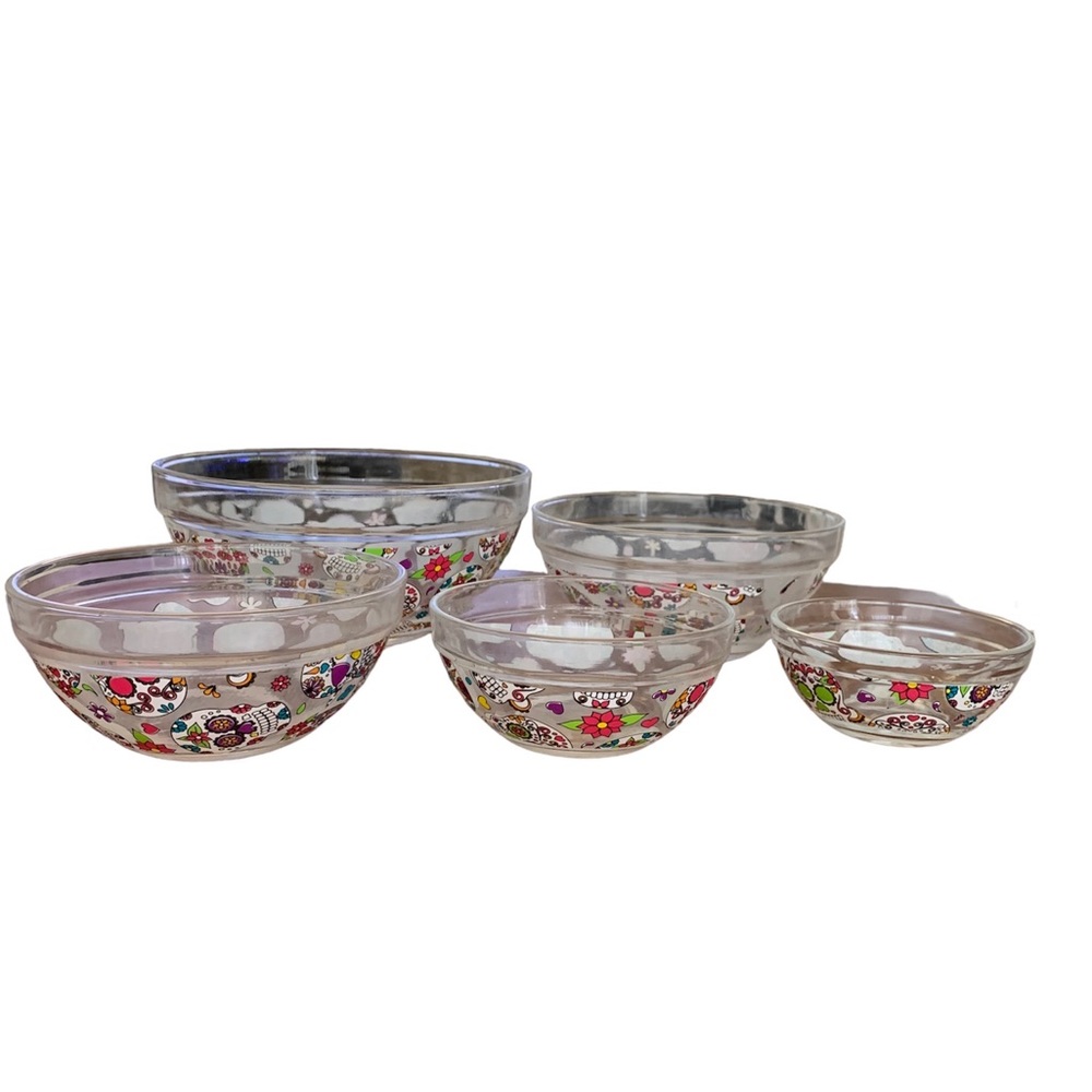Dia De Los Muertos 5 piece skull print glass bowl set